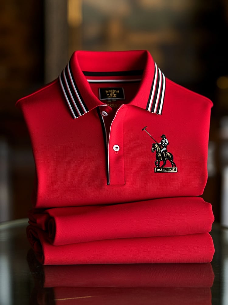 Men's Classic Business Check Button Short Sleeve Polo Shirt Polyester Striped