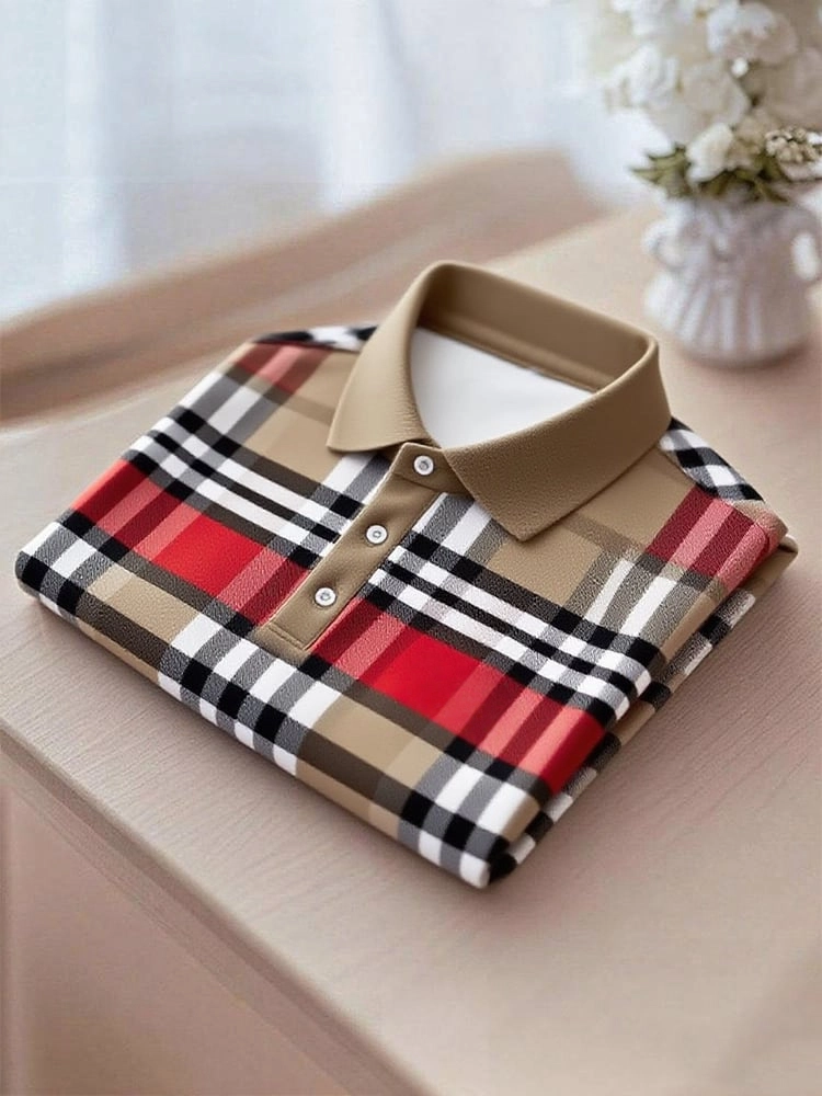 Men's Business Casual Button Short Sleeve Polo Shirt Polyester Mixed Print