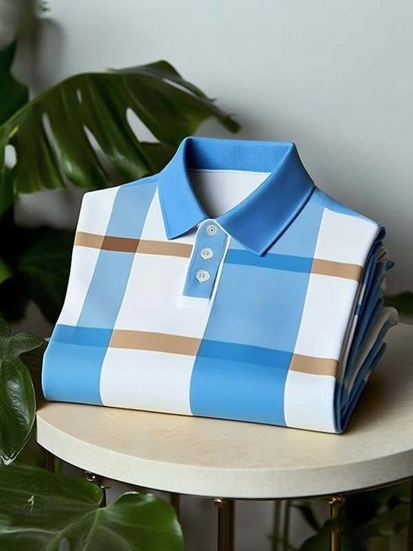 Men's Classic Business Check Button Short Sleeve Polo Shirt Polyester Striped