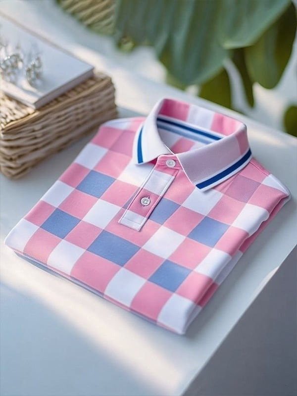 Men's Classic Business Plaid Polyester Short Sleeve Polo Shirt