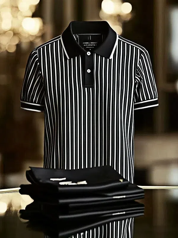 Men's Striped Business Lapel Short Sleeve Polo Shirt with Mixed Print Design