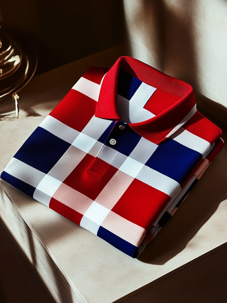 Men's Classic Business Plaid Polyester Short Sleeve Polo Shirt