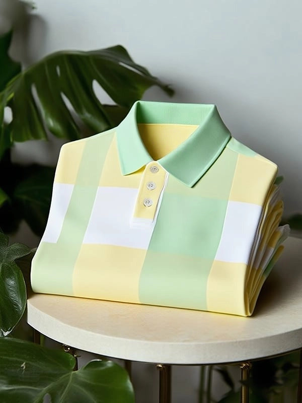 Men's Classic Business Striped Polyester Short Sleeve Polo Shirt
