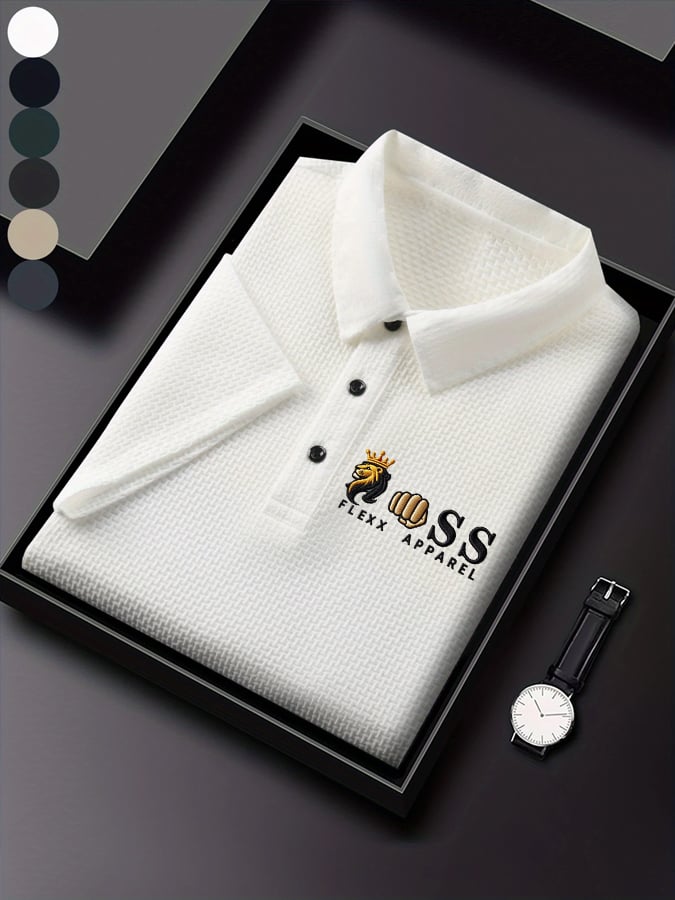 Men's Waffle Fabric Casual Short Sleeve Polo Shirt with Mixed Print Design