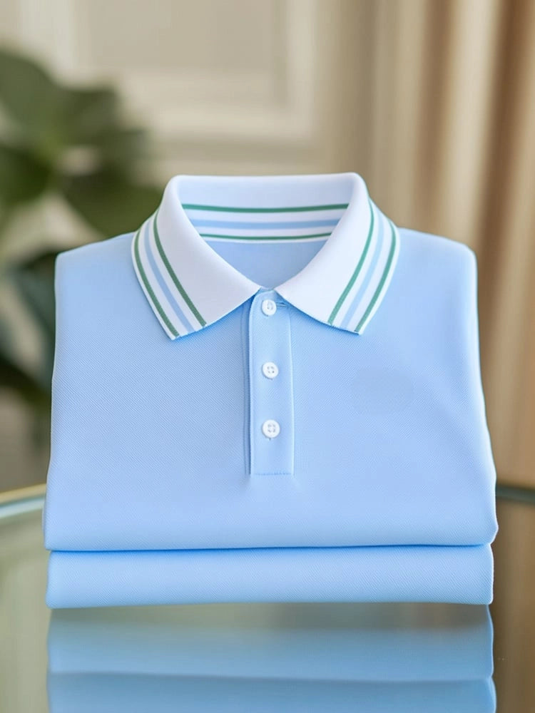 Men's Business Striped Button-Down Short Sleeve Polo Shirt Polyester