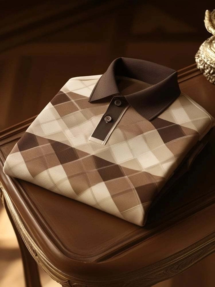 Men's Classic Business Button Short Sleeve Polo Shirt Plaid Polyester Loose Fit