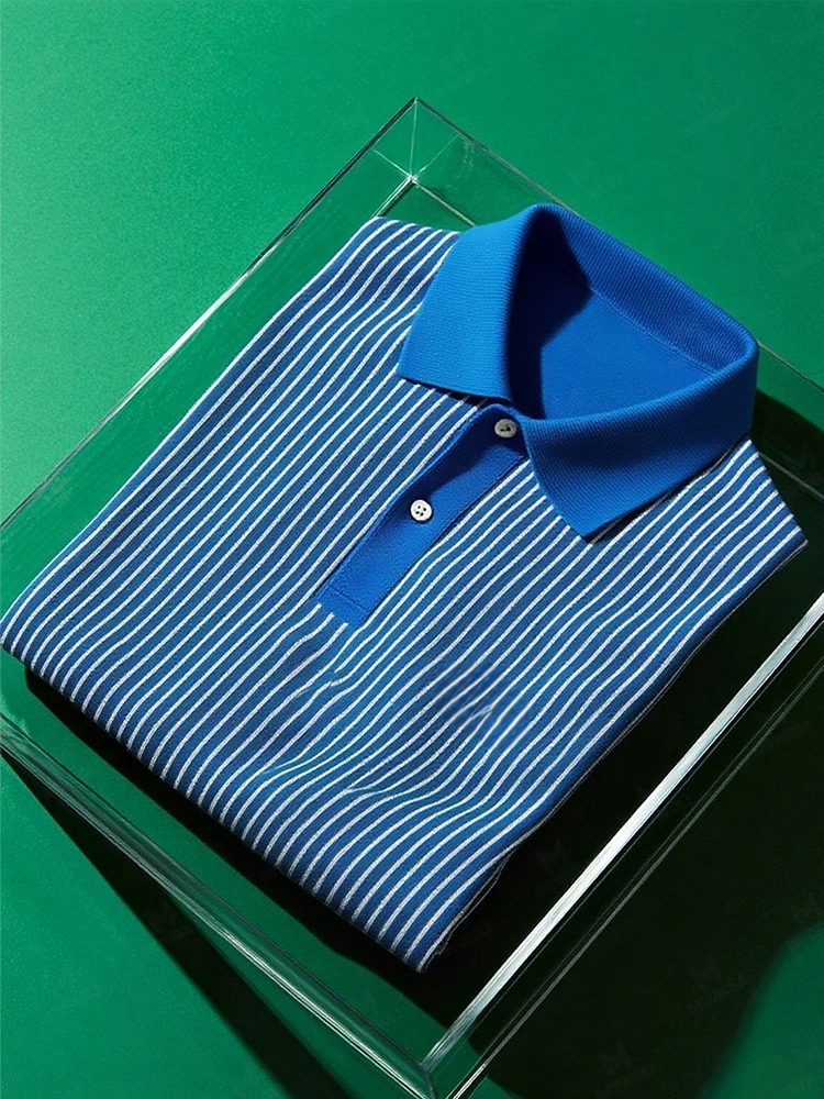 Men's Business Casual Striped Button Short Sleeve Polo Shirt Polyester Elastic