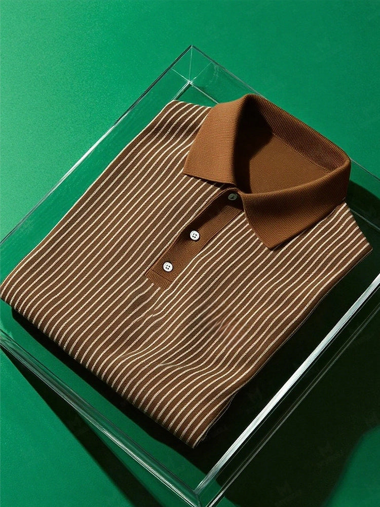 Men's Business Casual Striped Button Short Sleeve Polo Shirt Polyester Elastic