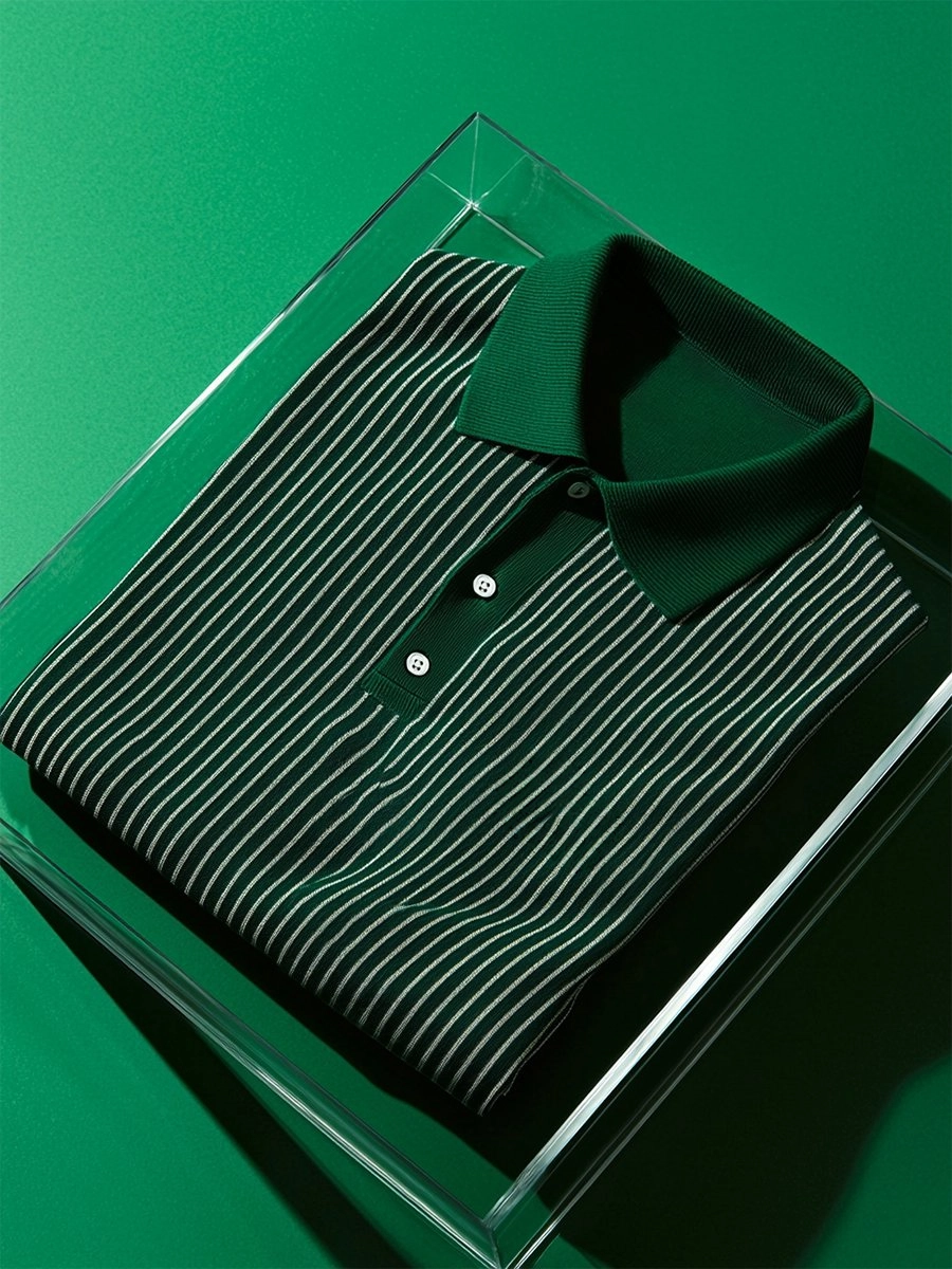 Men's Business Casual Striped Button Short Sleeve Polo Shirt Polyester Elastic