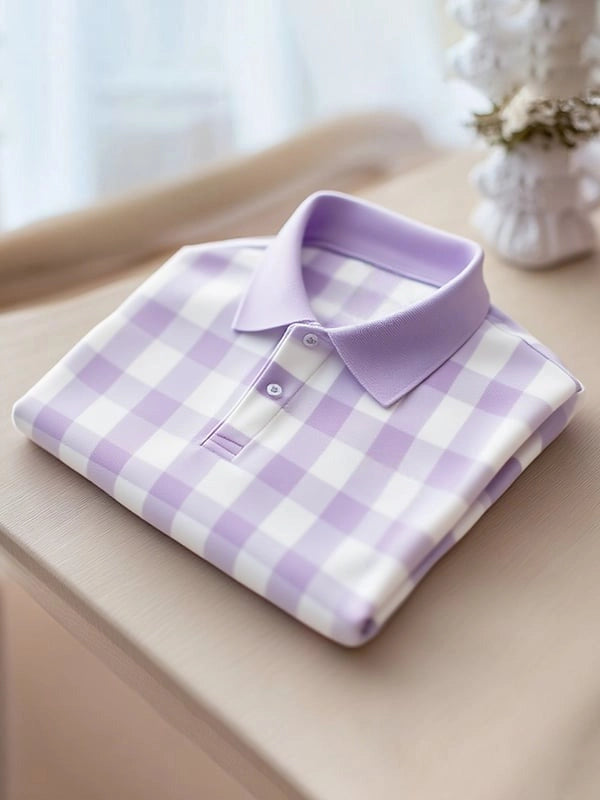 Men's Classic Business Button Short Sleeve Polo Shirt Polyester Plaid Loose Fit