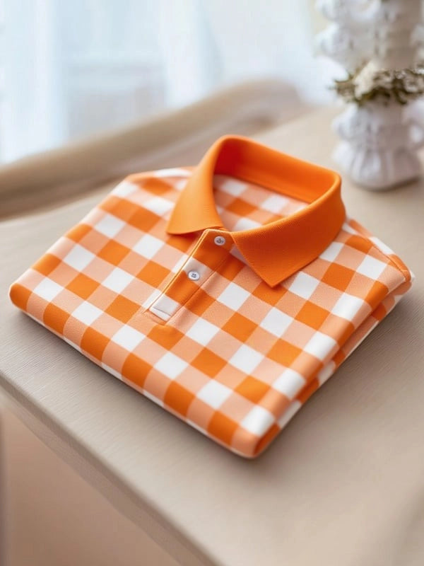 Men's Classic Business Button Short Sleeve Polo Shirt Polyester Plaid Loose Fit